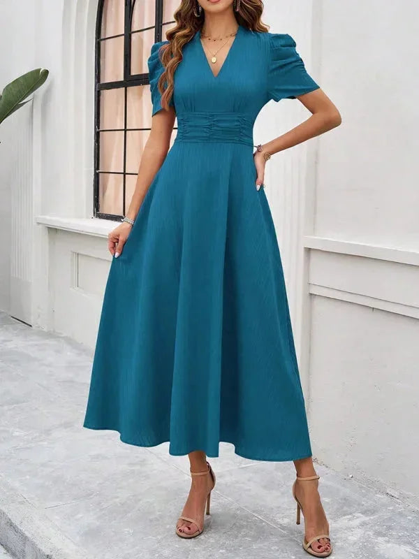 V-Neck Puff Sleeve Midi Dress for Women