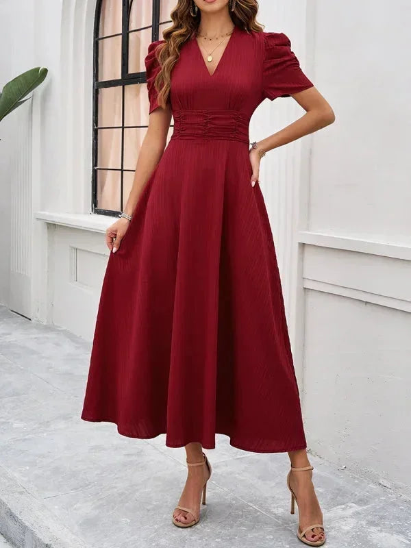 V-Neck Puff Sleeve Midi Dress for Women