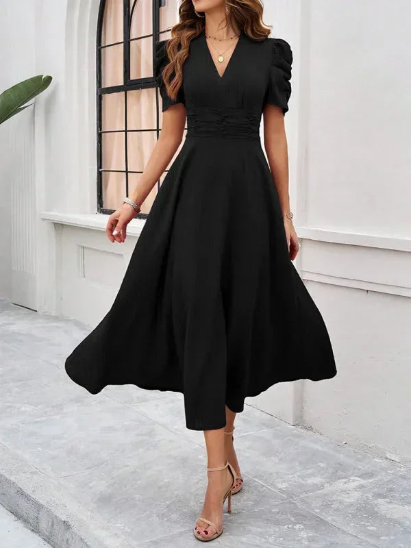 V-Neck Puff Sleeve Midi Dress for Women