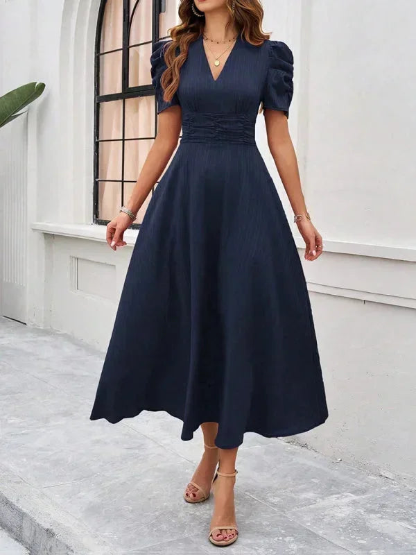V-Neck Puff Sleeve Midi Dress for Women