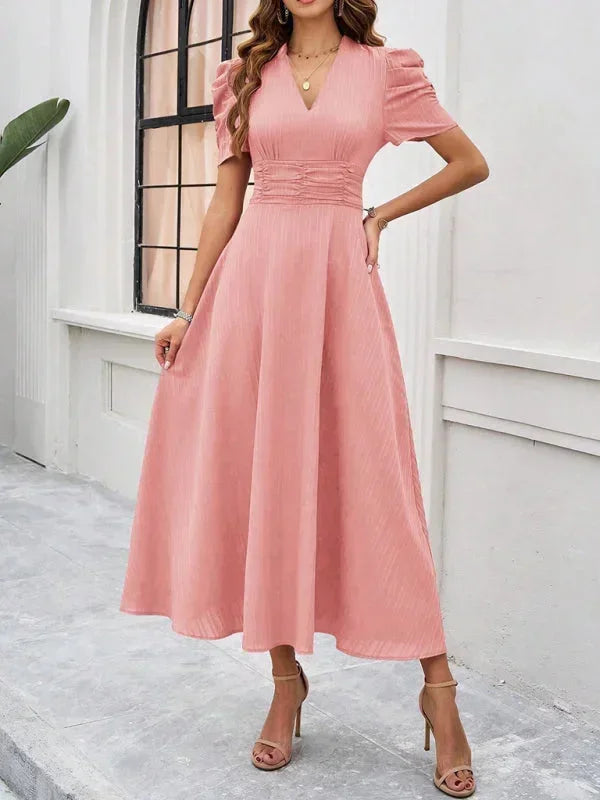 V-Neck Puff Sleeve Midi Dress for Women