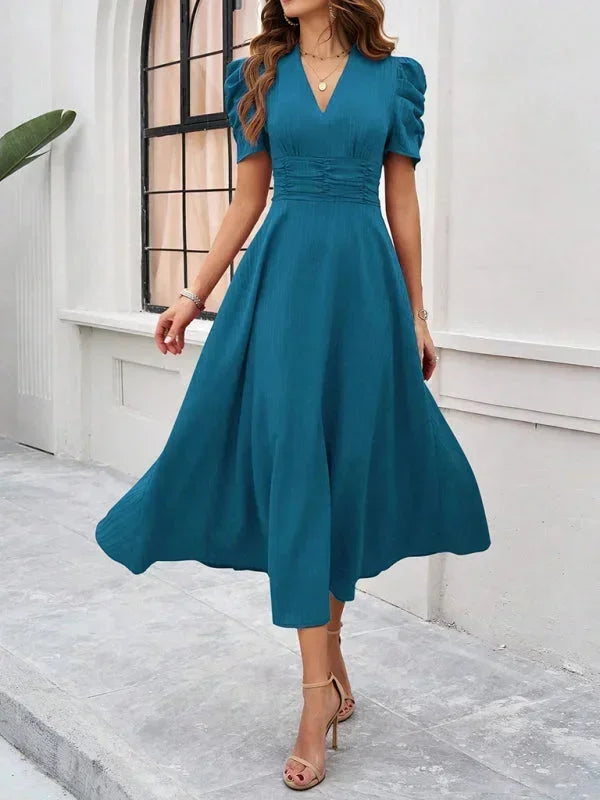V-Neck Puff Sleeve Midi Dress for Women