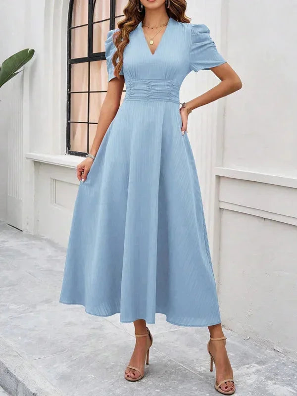 V-Neck Puff Sleeve Midi Dress for Women