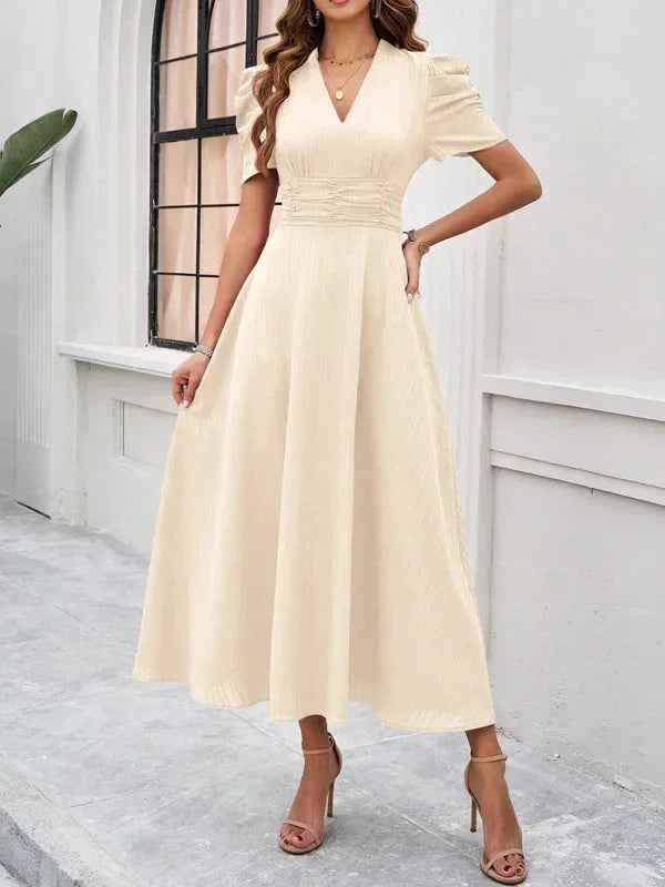 V-Neck Puff Sleeve Midi Dress for Women