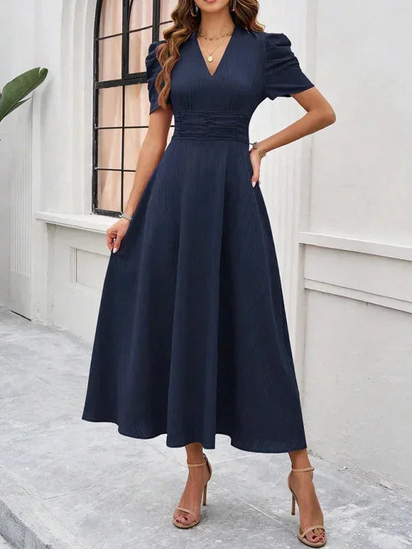 V-Neck Puff Sleeve Midi Dress for Women