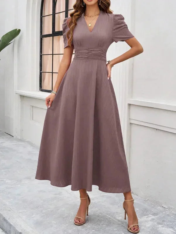 V-Neck Puff Sleeve Midi Dress for Women