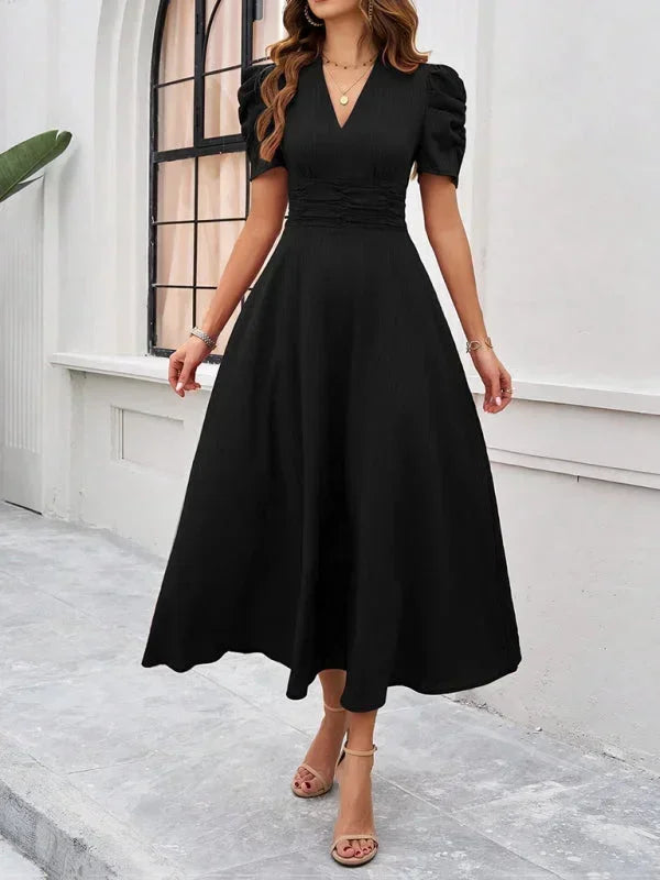 V-Neck Puff Sleeve Midi Dress for Women