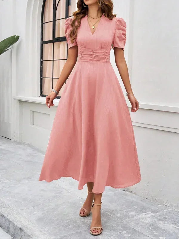 V-Neck Puff Sleeve Midi Dress for Women