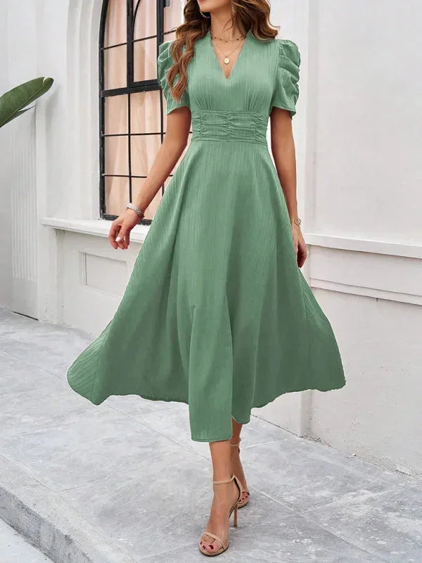 V-Neck Puff Sleeve Midi Dress for Women