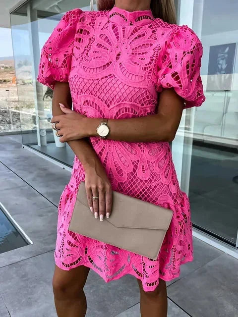 Floral Lace Puff Sleeve Mini Dress for Women