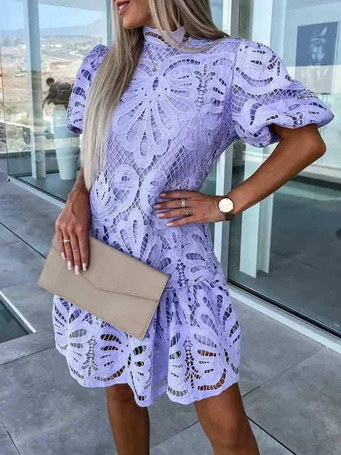 Floral Lace Puff Sleeve Mini Dress for Women