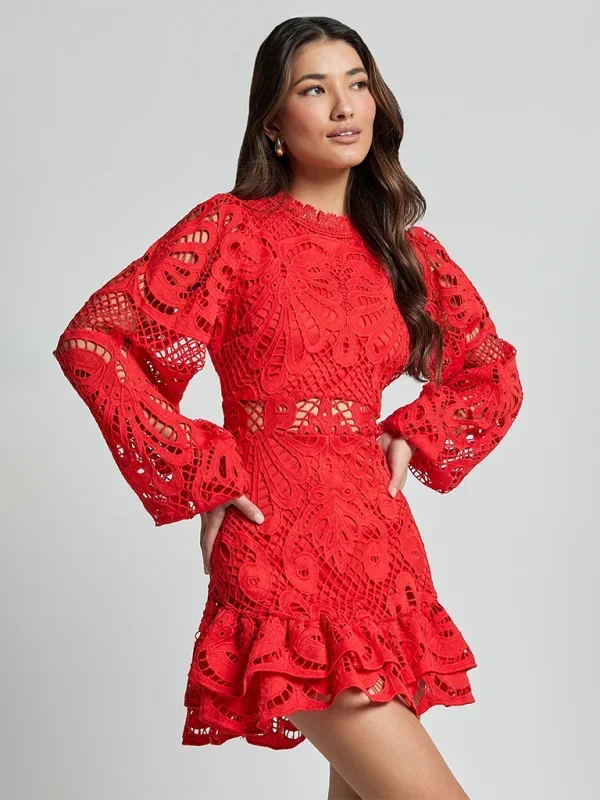 Lace Mini Dress with Ruffles for Women
