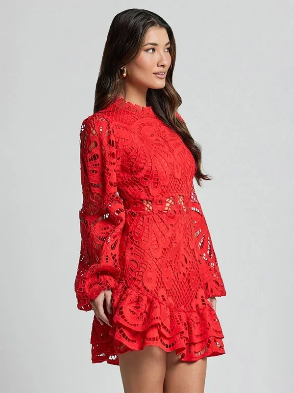 Lace Mini Dress with Ruffles for Women