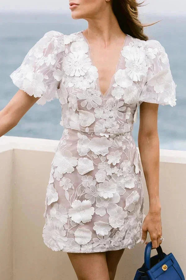 Floral Appliqué Puff Sleeve Mini Dress for Women