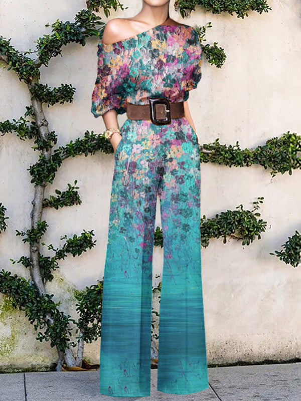 One Shoulder Printed Wide Leg Jumpsuit for Women