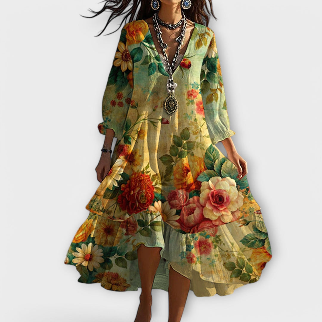 Floral Tiered Midi Dress with 3/4 Sleeves for Women