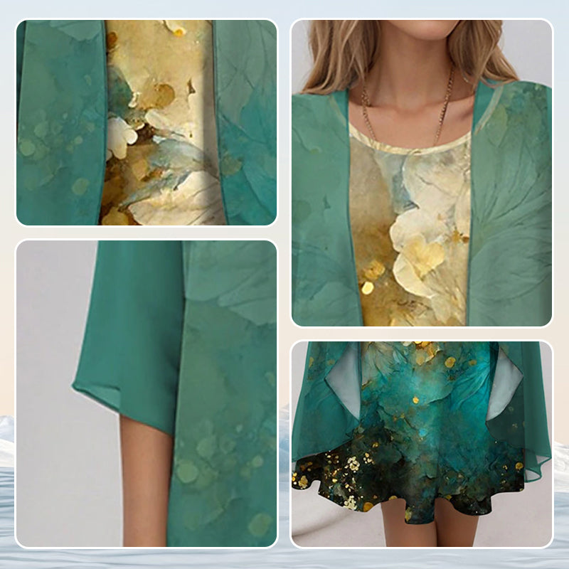 Printed Dress and Cardigan Set for Women