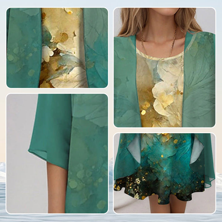 Printed Dress and Cardigan Set for Women