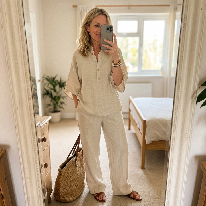 Mandarin Collar Top and Wide Leg Trouser Set for Women