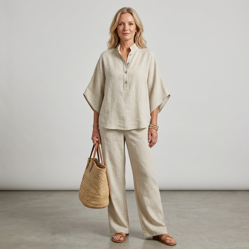 Mandarin Collar Top and Wide Leg Trouser Set for Women