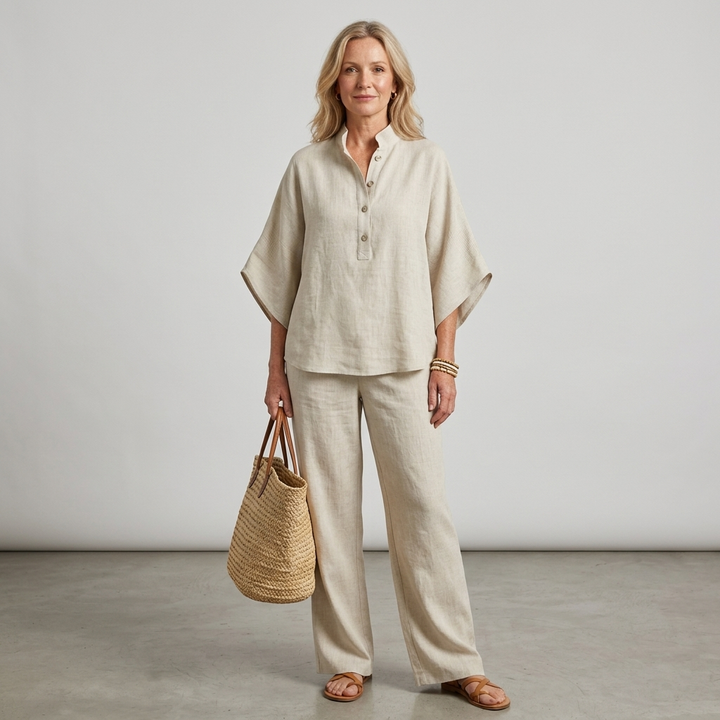 Mandarin Collar Top and Wide Leg Trouser Set for Women