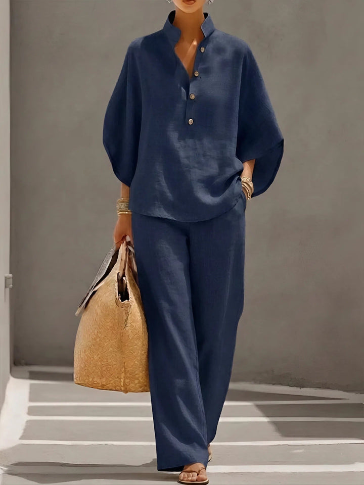 Mandarin Collar Top and Wide Leg Trouser Set for Women