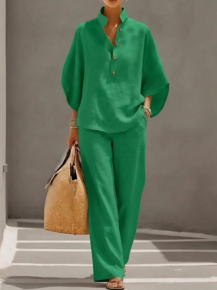 Mandarin Collar Top and Wide Leg Trouser Set for Women