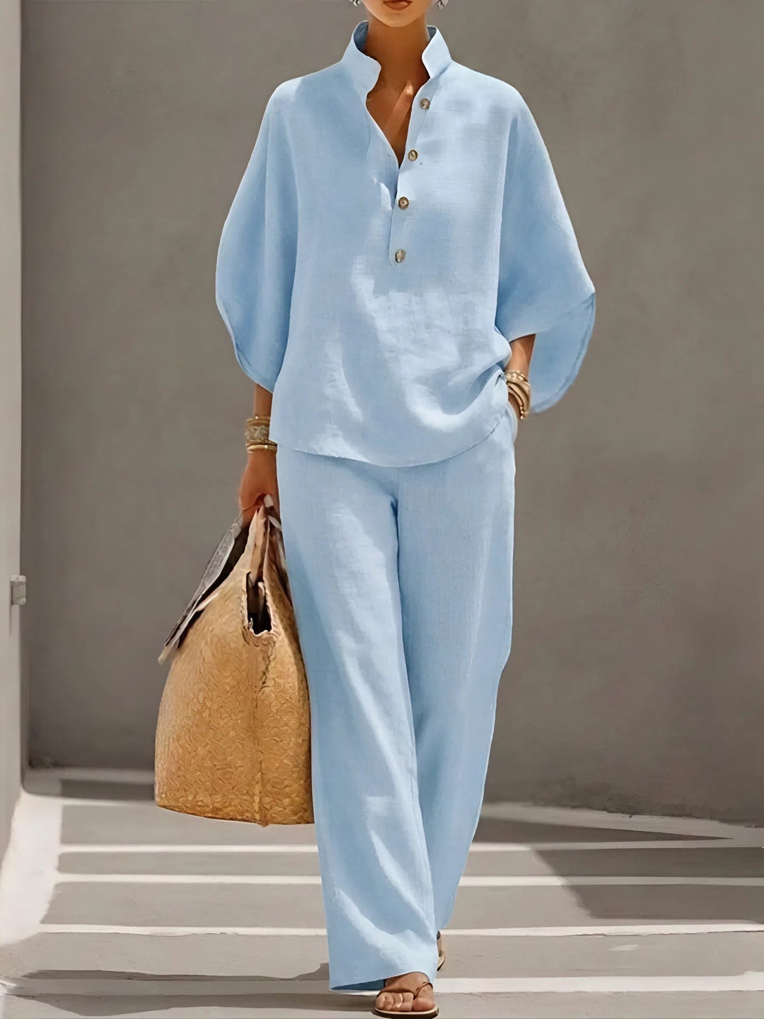 Mandarin Collar Top and Wide Leg Trouser Set for Women