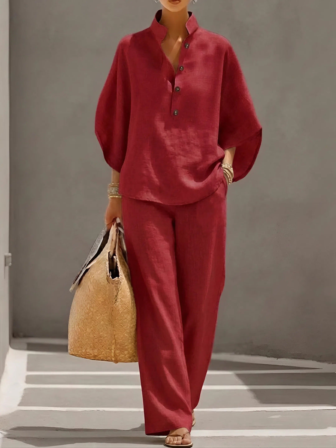 Mandarin Collar Top and Wide Leg Trouser Set for Women