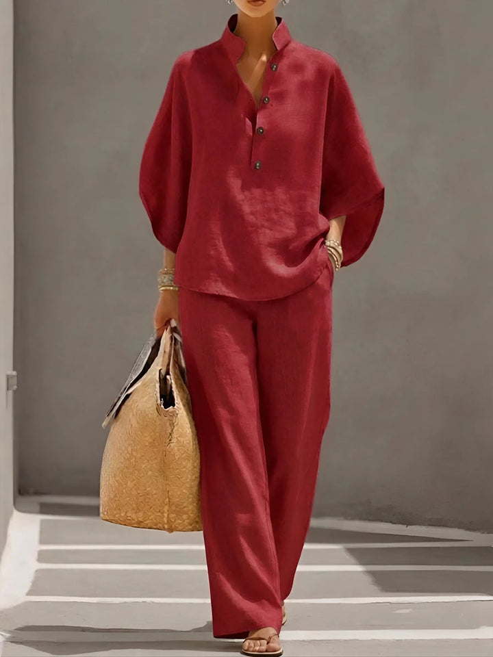 Mandarin Collar Top and Wide Leg Trouser Set for Women