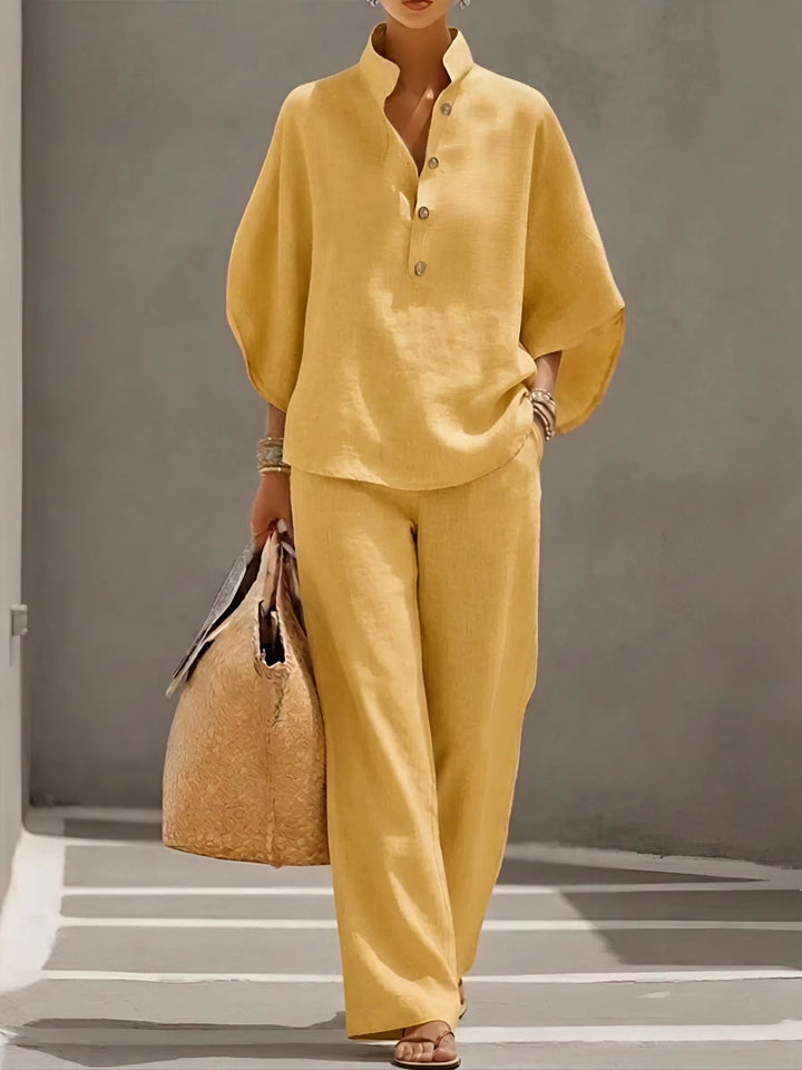 Mandarin Collar Top and Wide Leg Trouser Set for Women