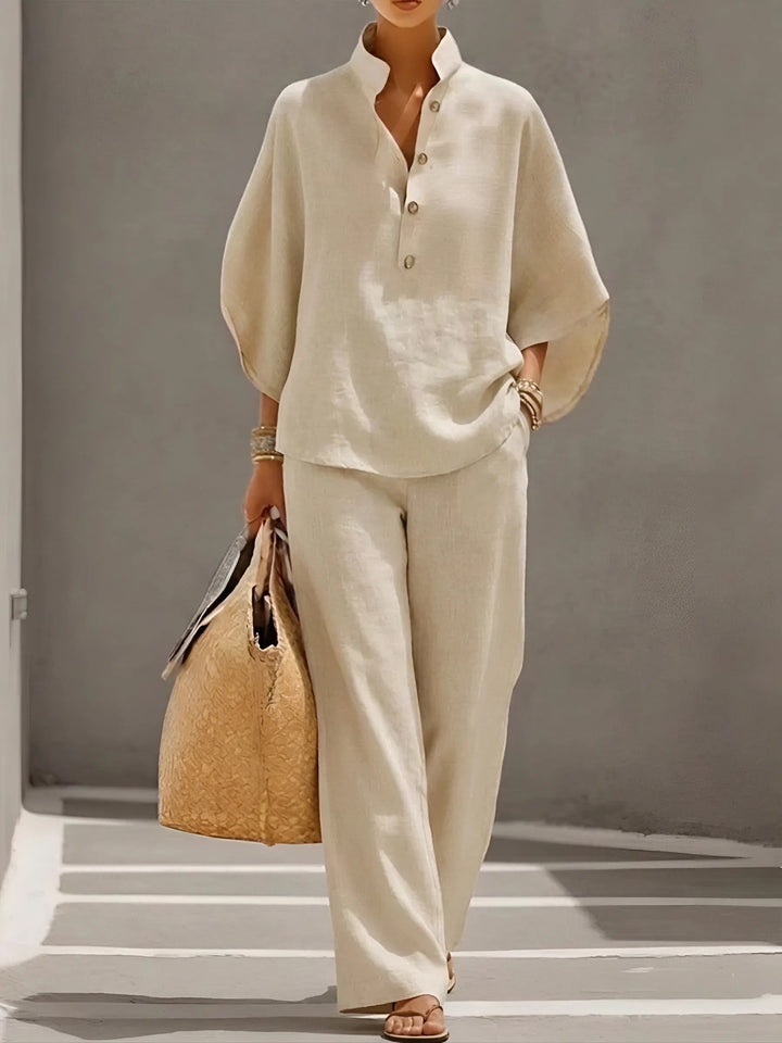 Mandarin Collar Top and Wide Leg Trouser Set for Women