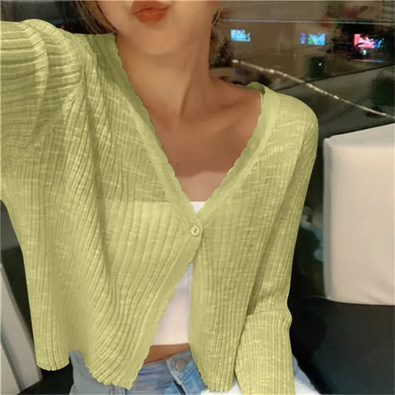 Cropped V-Neck Button Cardigan for Women