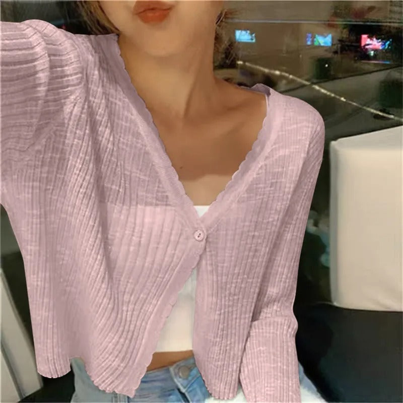 Cropped V-Neck Button Cardigan for Women