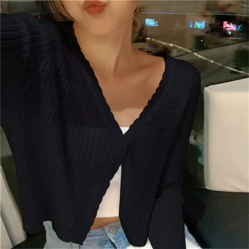 Cropped V-Neck Button Cardigan for Women