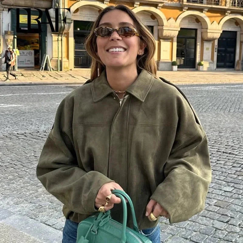 Oversized Suede Bomber Jacket for Women