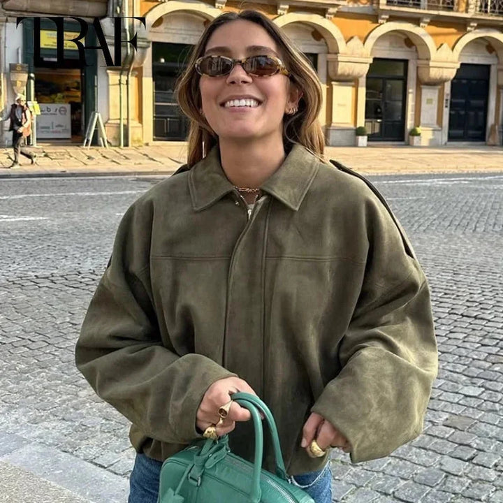 Oversized Suede Bomber Jacket for Women