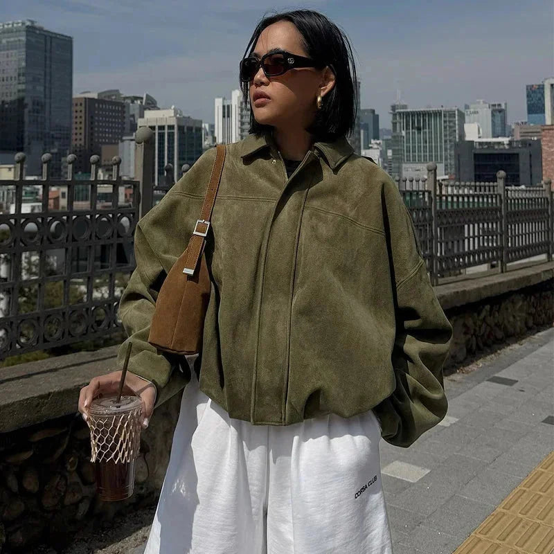 Oversized Suede Bomber Jacket for Women