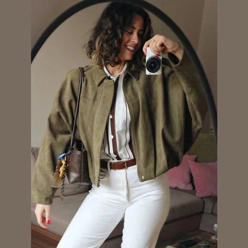 Oversized Suede Bomber Jacket for Women