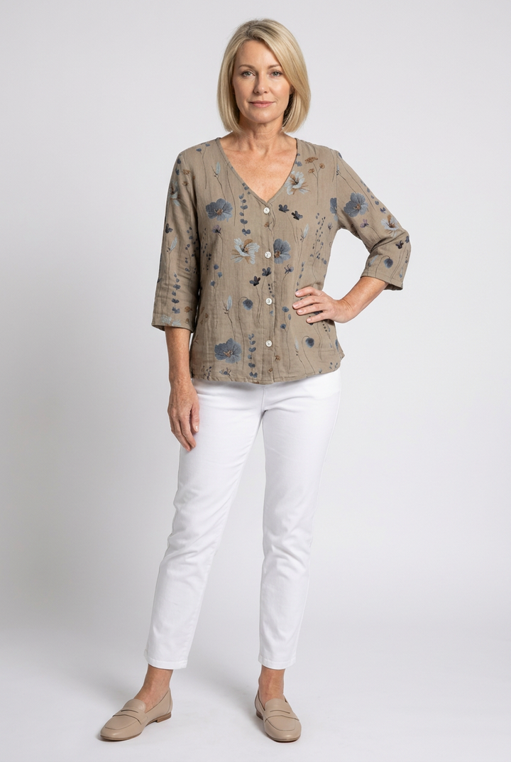 Floral V-Neck Blouse with 3/4 Sleeves for Women