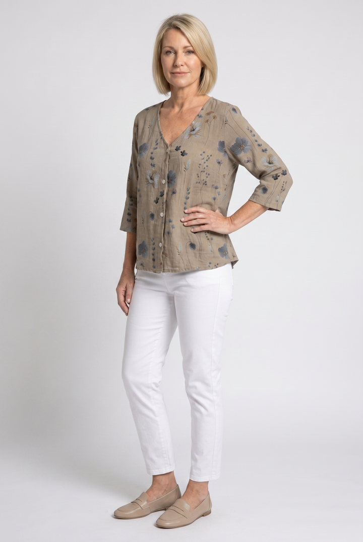 Floral V-Neck Blouse with 3/4 Sleeves for Women