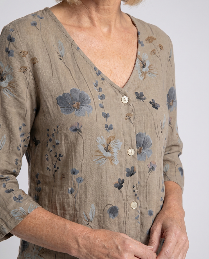Floral V-Neck Blouse with 3/4 Sleeves for Women