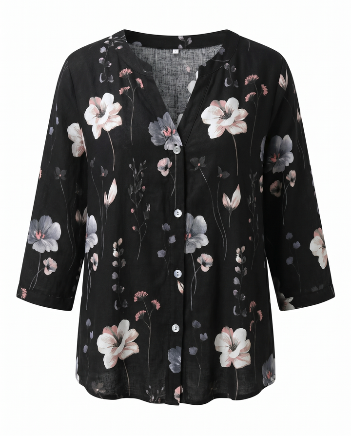 Floral V-Neck Blouse with 3/4 Sleeves for Women
