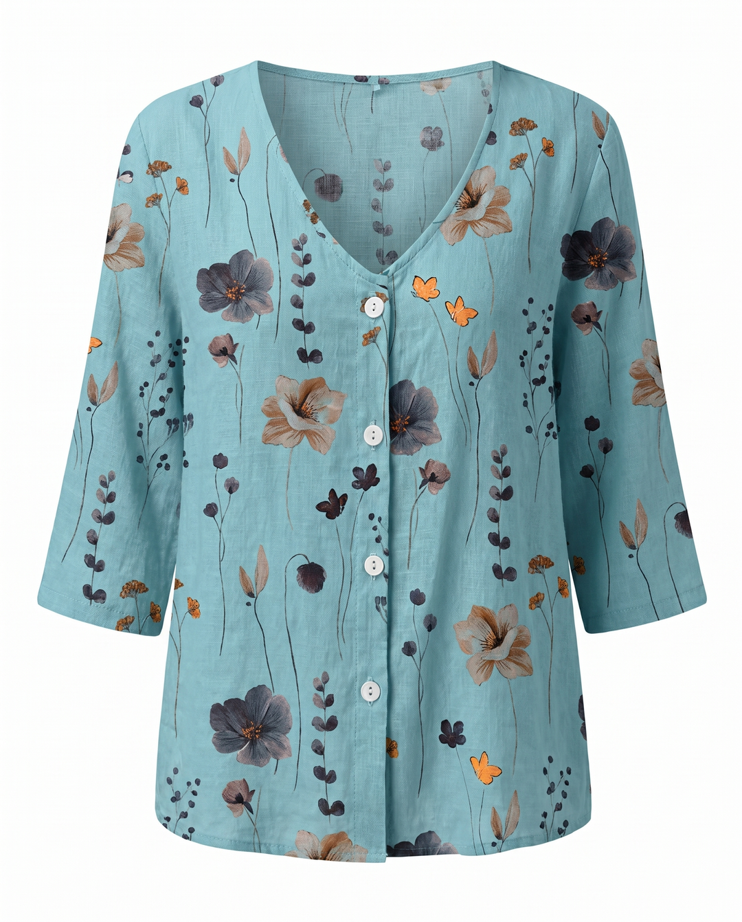 Floral V-Neck Blouse with 3/4 Sleeves for Women