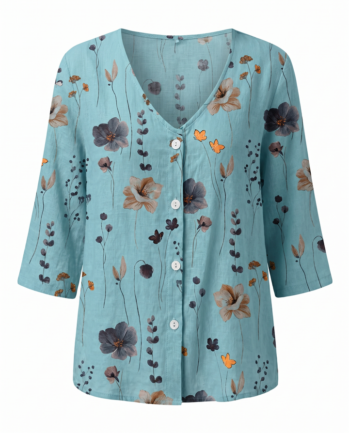 Floral V-Neck Blouse with 3/4 Sleeves for Women
