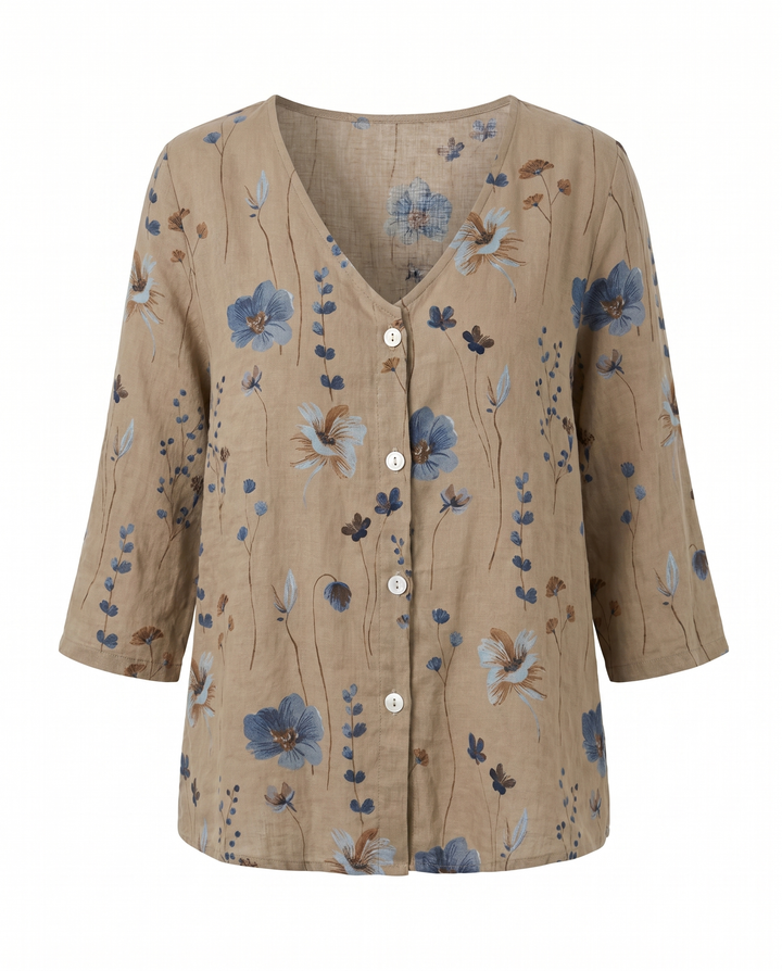 Floral V-Neck Blouse with 3/4 Sleeves for Women