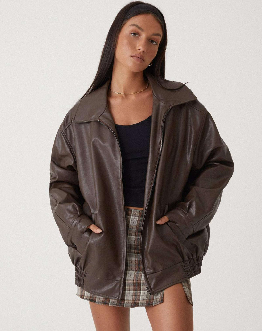 Oversized Faux Leather Zip Jacket for Women