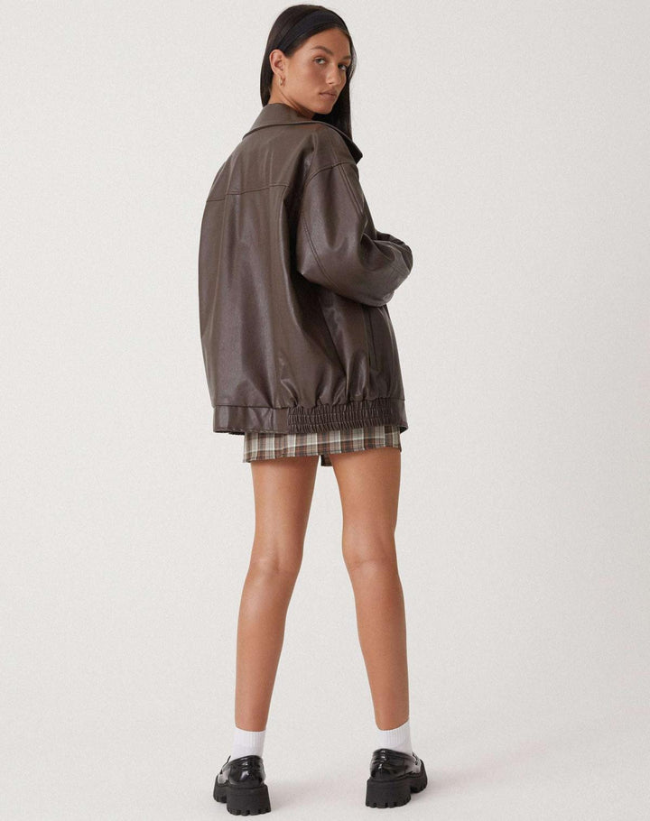 Oversized Faux Leather Zip Jacket for Women